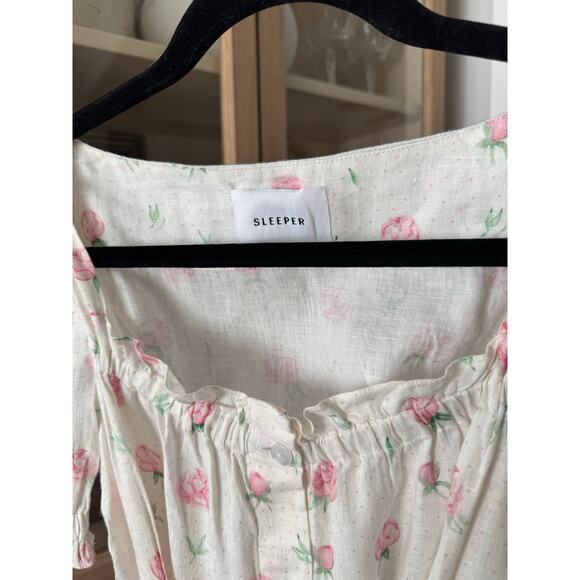 SLEEPER MARQUISE LINEN Midi DRESS IN ROSES Small Corset Lace Up Slit - Picture 10 of 10